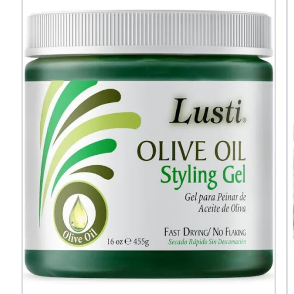 LUSTI OLIVE OIL STYLING GEL. Excellent fast drying and no flaking.